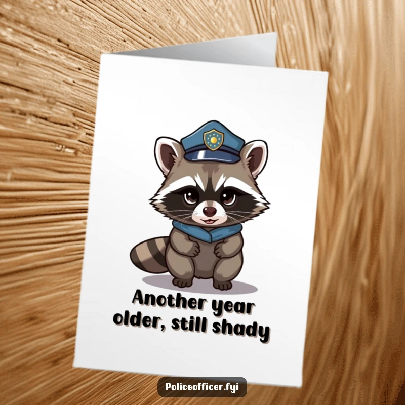 Funny Free Printable Birthday Card: A stealthy raccoon in a police hat tiptoes with a mischievous glint, planning a birthday surprise.