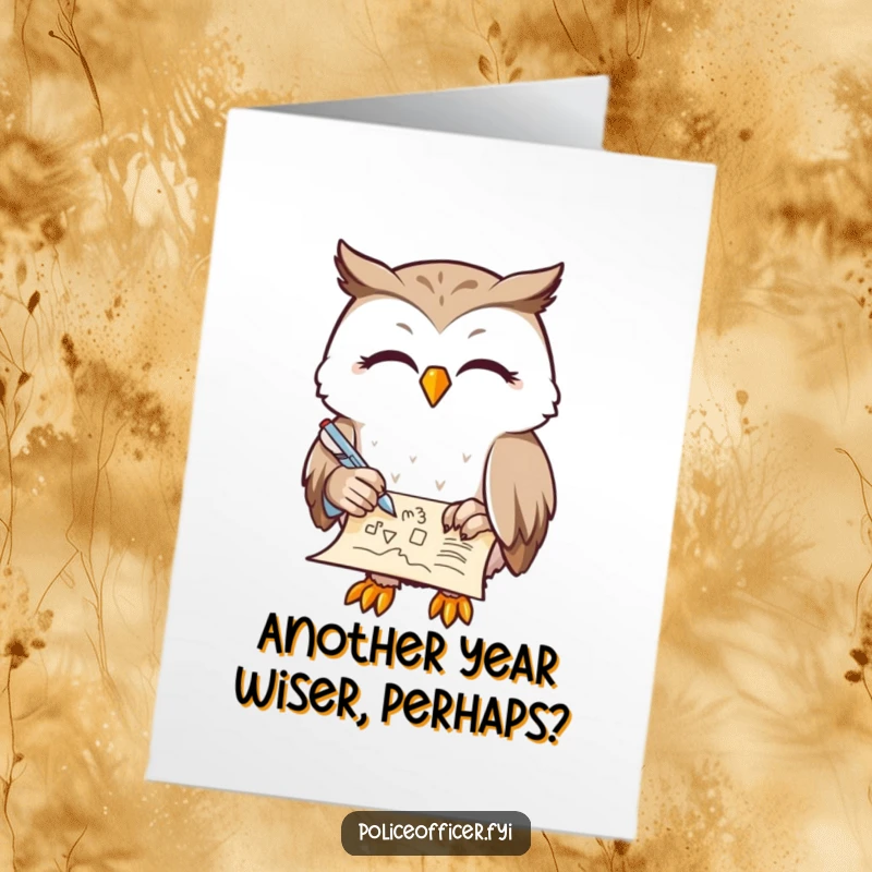 Funny Free Printable Birthday Card: A contented owl with half-closed eyes doodles on a scroll, sending a hilariously peaceful birthday wish, great for DIY.