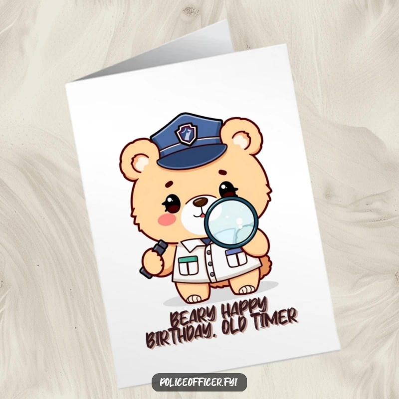 Funny Free Printable Birthday Card: A fluffy bear police officer in uniform winks playfully while holding a magnifying glass, investigating fun.