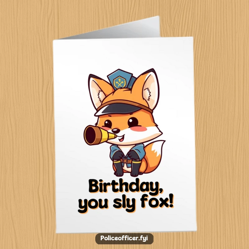 Funny Free Printable Birthday Card: A smiling fox in a police hat proudly blows a whistle, signaling a grand birthday celebration.