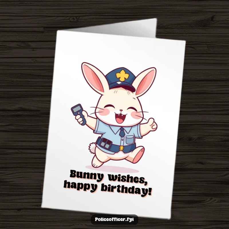 Funny Free Printable Birthday Card: A mischievous bunny in a police uniform jumps for joy holding a remote.
