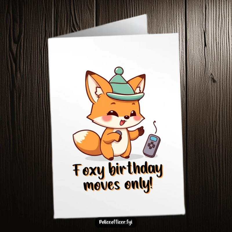 Funny Free Printable Birthday Card: Mischievous fox in tiny hat points at remote, planning a hilarious birthday surprise. Get yours now!
