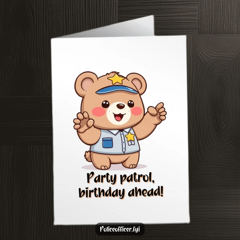 Funny Free Printable Birthday Card: A bear cub in a police uniform directs traffic with a paw, a cute downloadable gift.