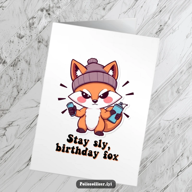 Funny Free Printable Birthday Card: Bold fox in a beanie, sneering, holding a spray can, ready to graffiti your birthday.