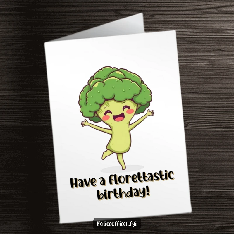 Funny Free Printable Birthday Card: A smiling broccoli head joyfully performing a graceful pirouette, wishing a happy birthday.