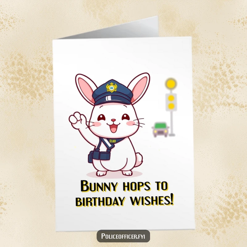 Funny Free Printable Birthday Card featuring a cheerful bunny police officer in a tiny hat directing traffic with a happy wave.