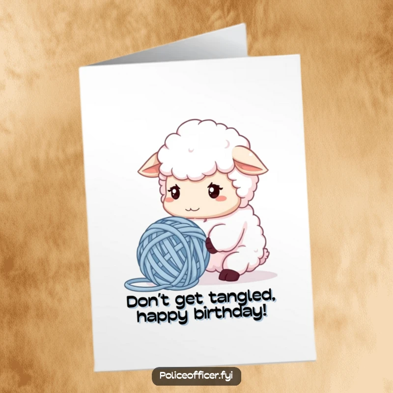 Funny Free Printable Birthday Card: A fluffy sheep with a furrowed brow contemplating a comically tangled ball of yarn with a look of mild confusion.