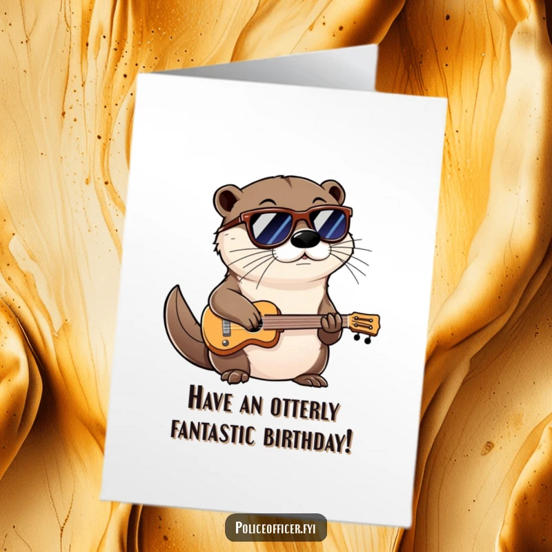Funny Free Printable Birthday Card: Cool otter wearing sunglasses smirks confidently while playing a miniature instrument.
