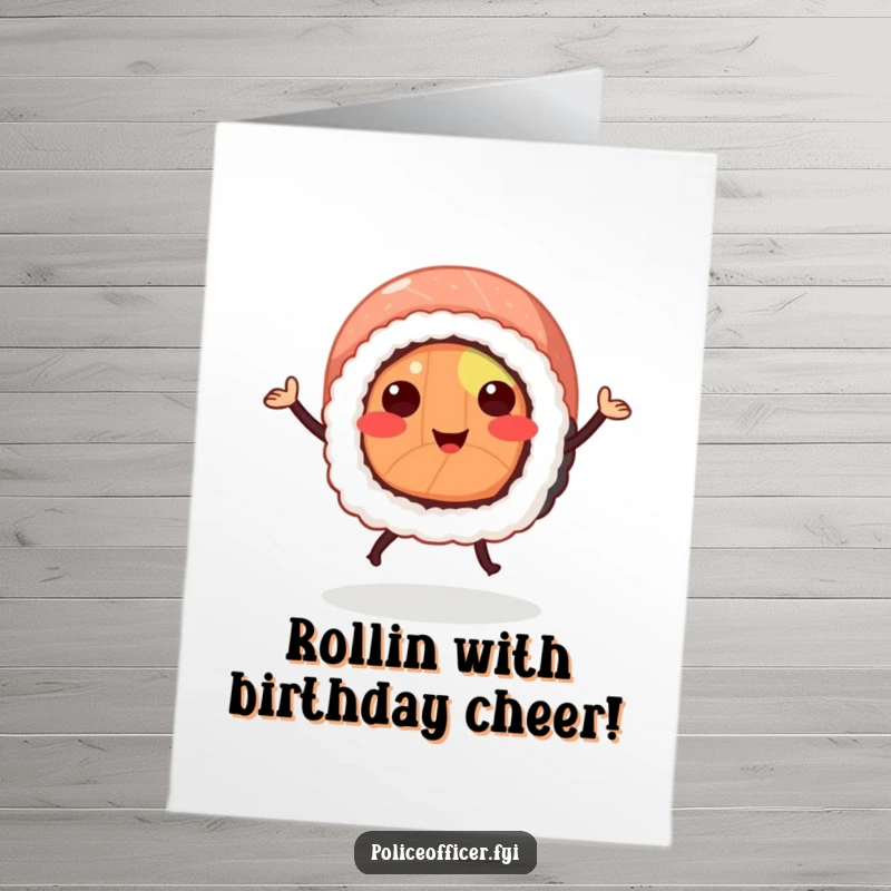 Funny Free Printable Birthday Card: Smiling Sushi Roll with Legs Dancing Joyfully