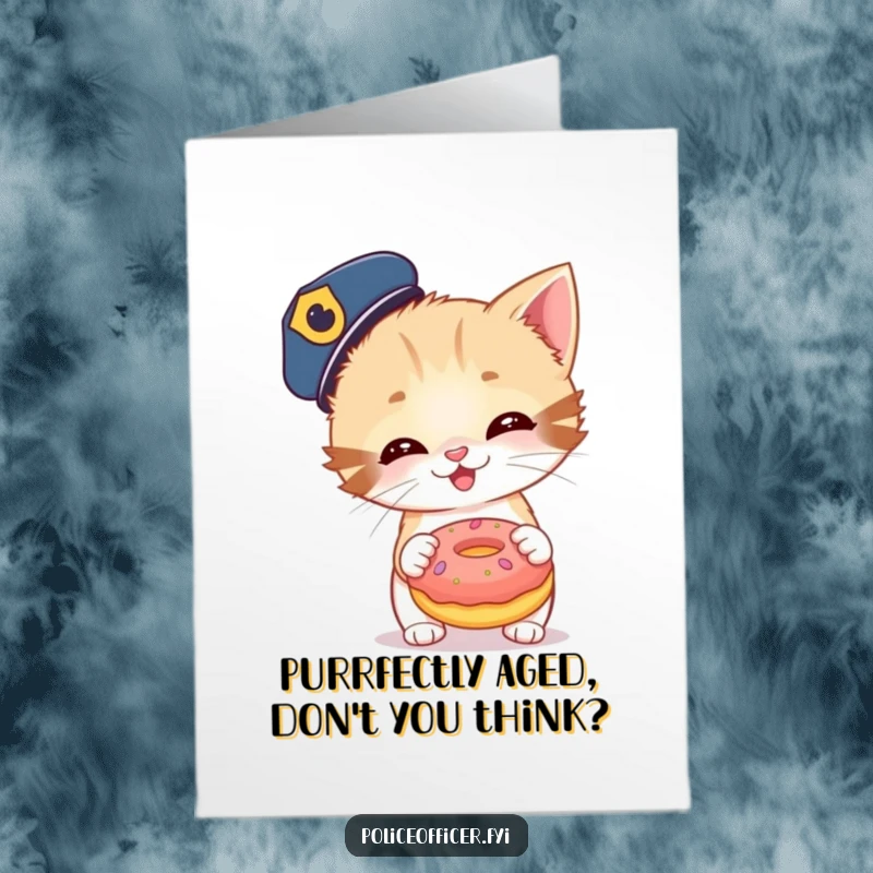 Funny Free Printable Birthday Card: Giggling kitten police officer about to toss a comically oversized donut, celebrating with laughter.