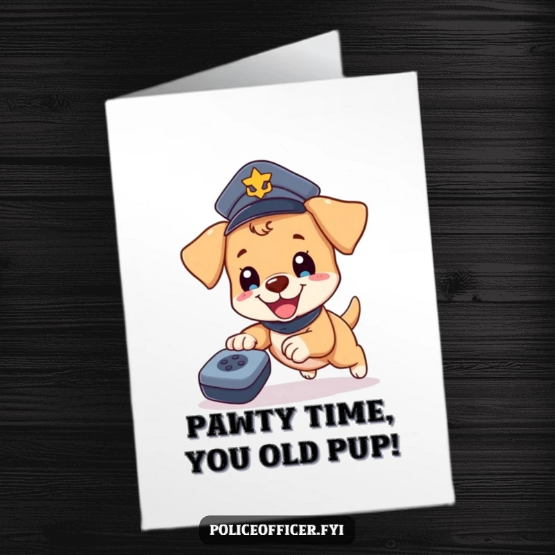 Funny Free Printable Birthday Card: Happy puppy in police hat, hilariously chasing a rolling remote.