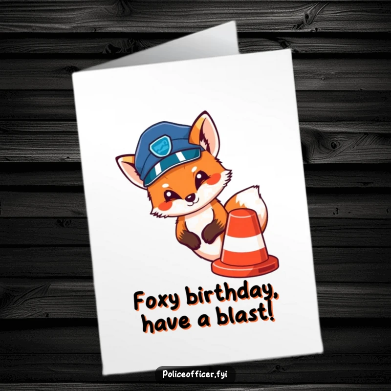 Funny Free Printable Birthday Card: A cute fox police officer in a cap peeks mischievously from behind a traffic cone, celebrating birthdays.