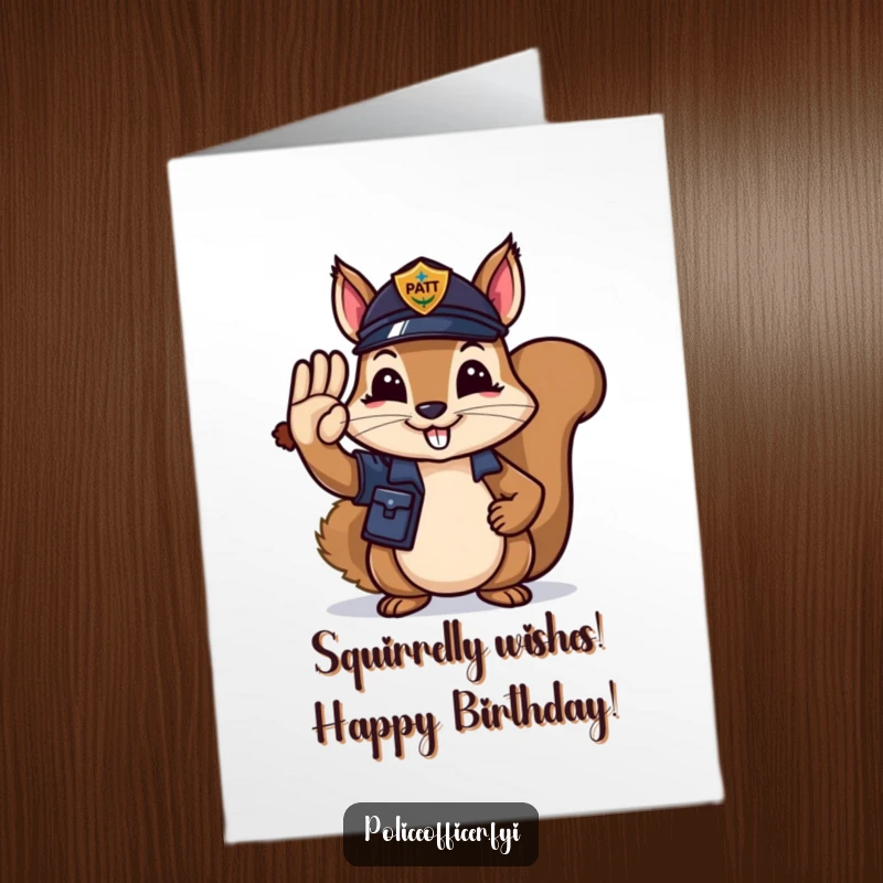 Funny Free Printable Birthday Card: A happy squirrel police officer salutes smartly, holding an acorn in its paw.