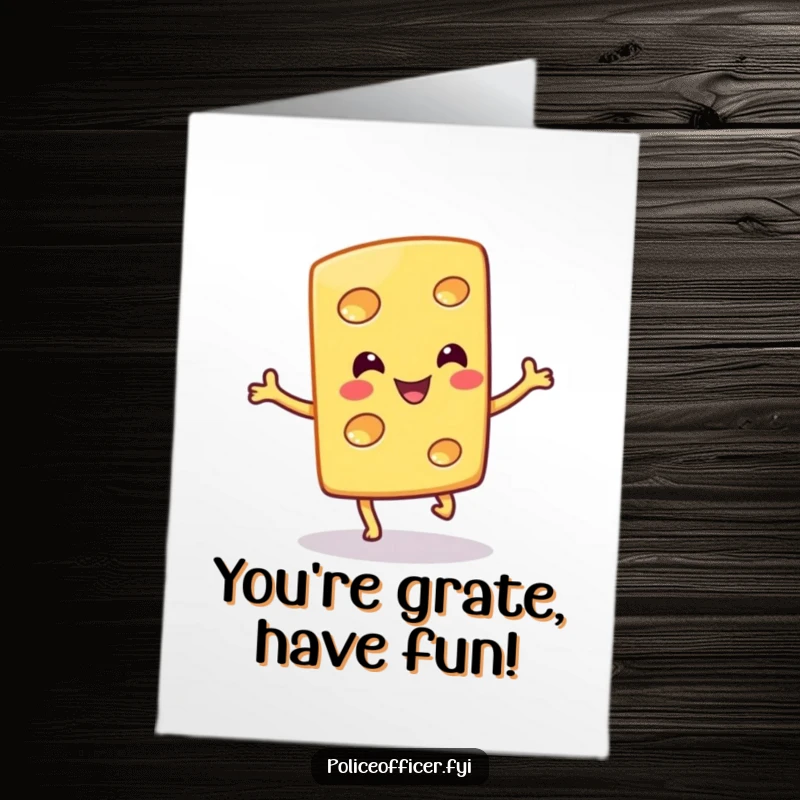 Funny Free Printable Birthday Card: A smiling cheese slice performing a cheerful little hop, a downloadable birthday wish.