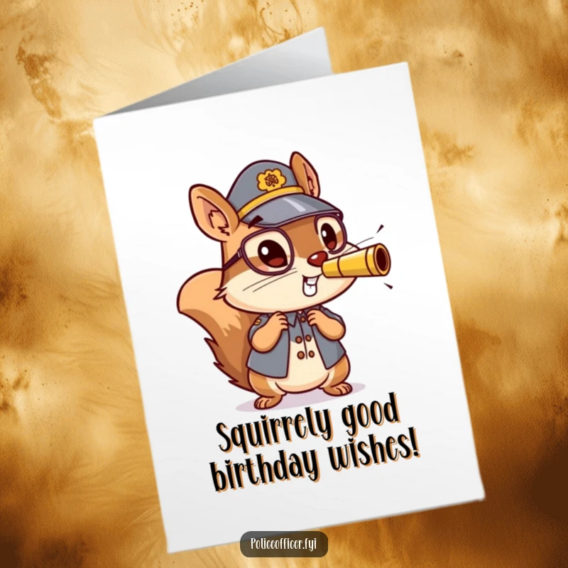 Free printable birthday card showing an energetic squirrel officer enthusiastically blowing a tiny whistle, a fun surprise.