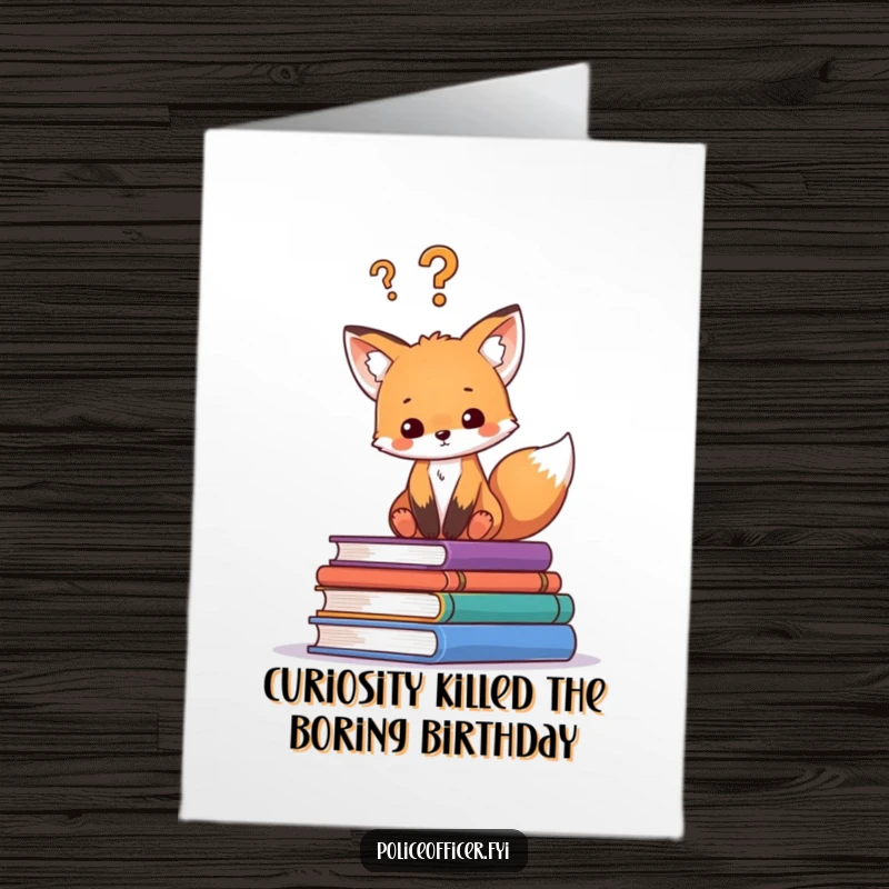 Funny Free Printable Birthday Card: Curious fox cub on books, puzzled expression, question mark thinking.