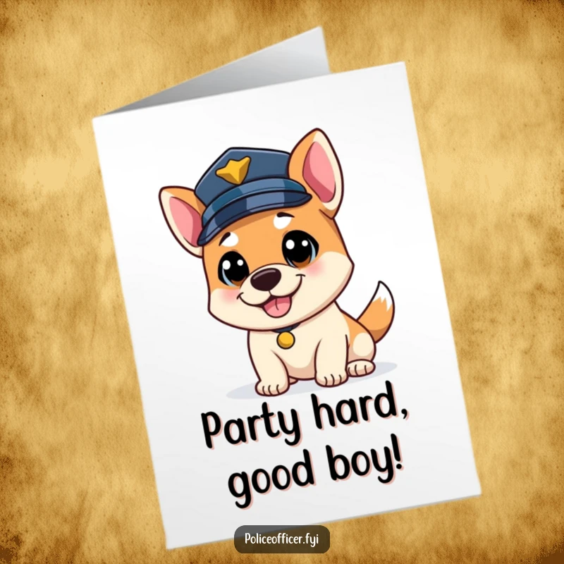 Funny Free Printable Birthday Card: Bouncy dog police officer wagging his tail, wearing a police cap.