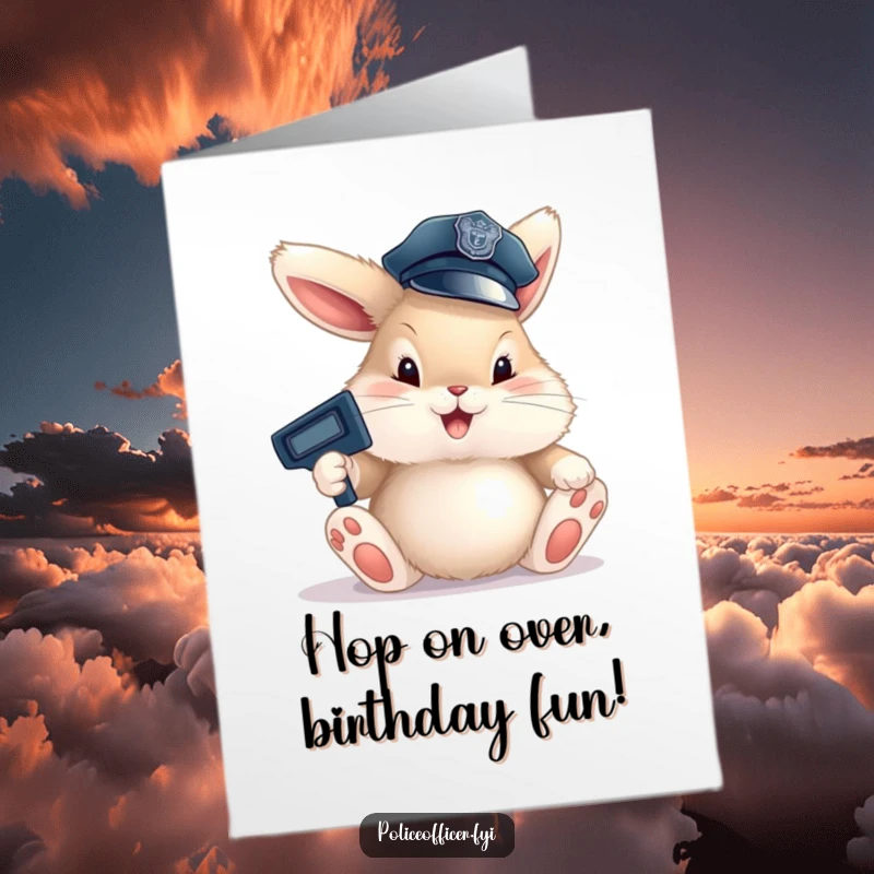 Funny Free Printable Birthday Card featuring a fluffy bunny cop in a tiny hat, happily directing traffic with huge paws, bringing cheer.
