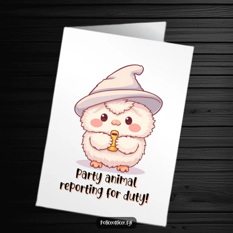 Funny Free Printable Birthday Card: Fluffy creature in a hat blows a tiny whistle, ready to start the party.