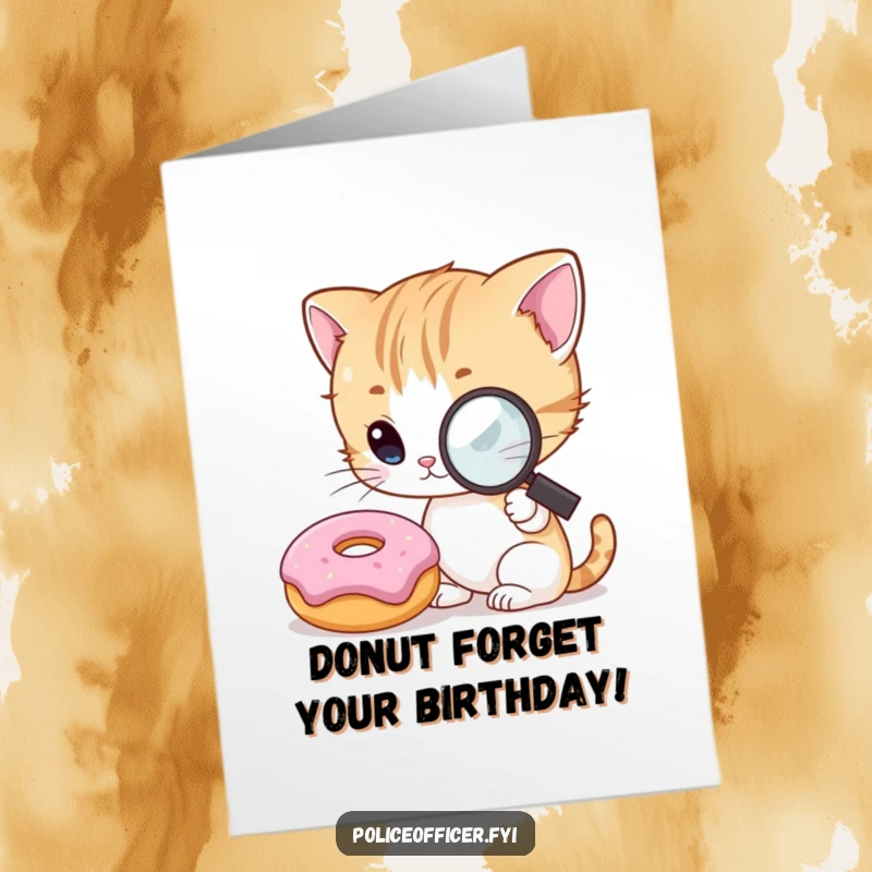 Funny Free Printable Birthday Card: A curious kitten inspects a happy donut with a magnifying glass, celebrating sweetness.
