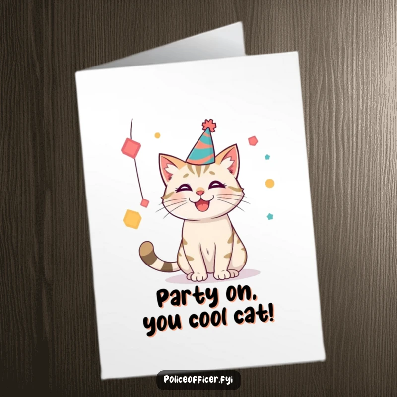 Funny Free Printable Birthday Card: Smiling cat in party hat playfully batting at abstract shapes, birthday fun.