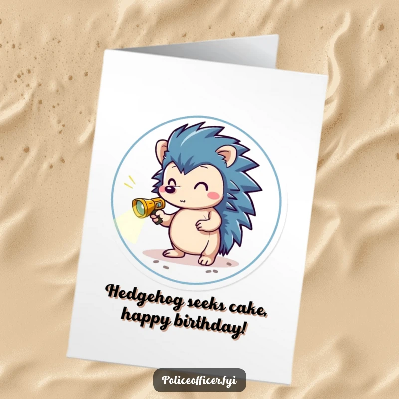Funny Free Printable Birthday Card featuring a brave hedgehog in a badge, holding a flashlight, humorously searching for birthday treasures and fun.