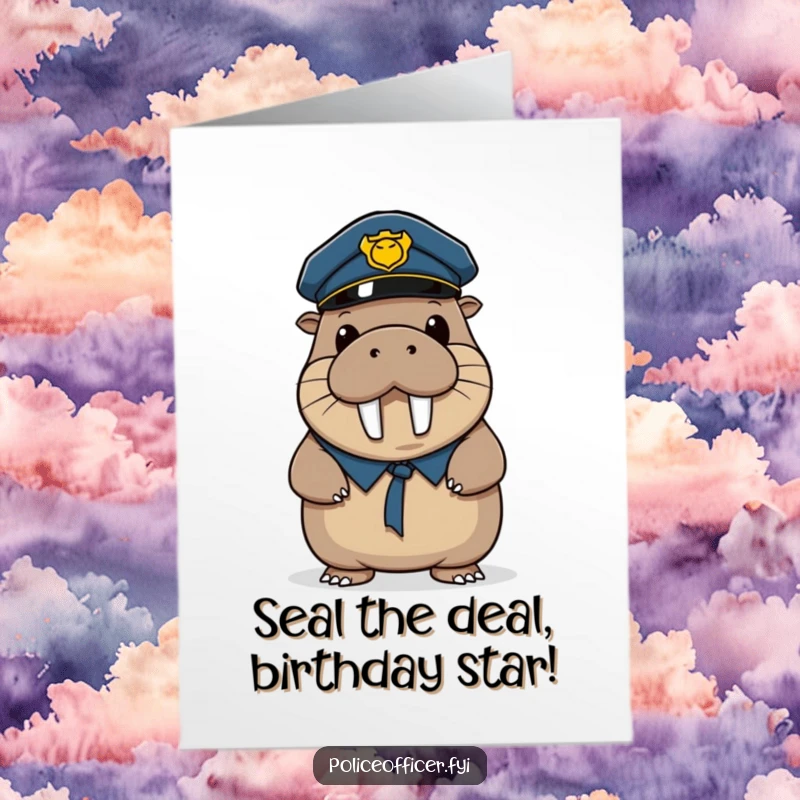 Funny free printable birthday card featuring a wobbly walrus police officer tipping his hat with a huge, happy smile.