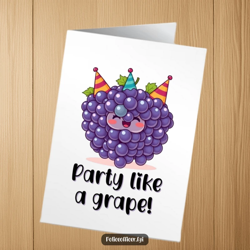 Funny free printable birthday card featuring a bunch of smiling grapes wearing tiny party hats and celebrating with festive joy.