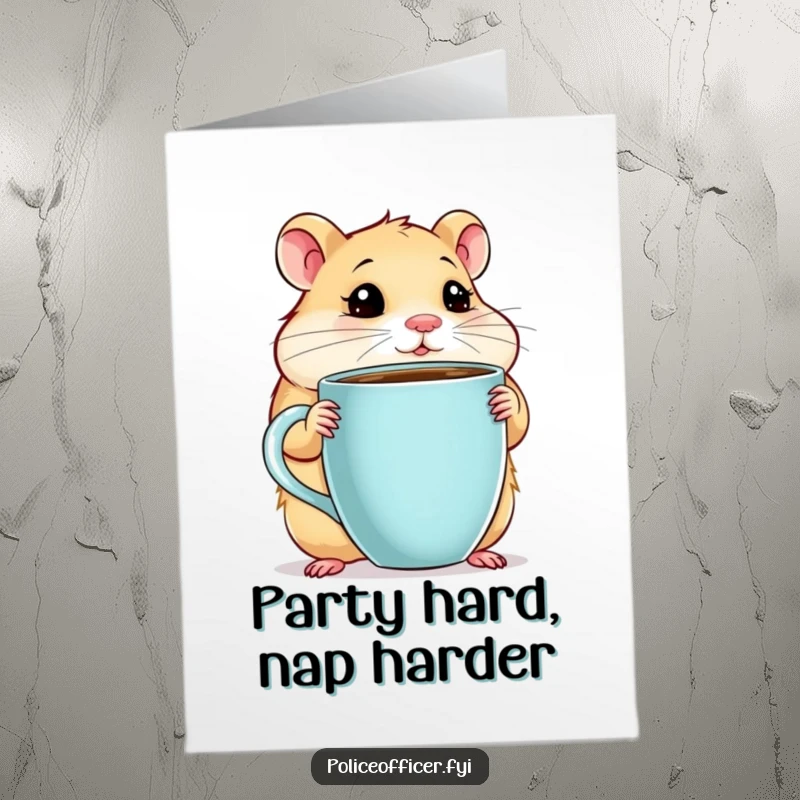Funny Free Printable Birthday Card: A chubby hamster holding a giant coffee cup looks thoughtful about wishing a hilarious birthday, great for DIY.