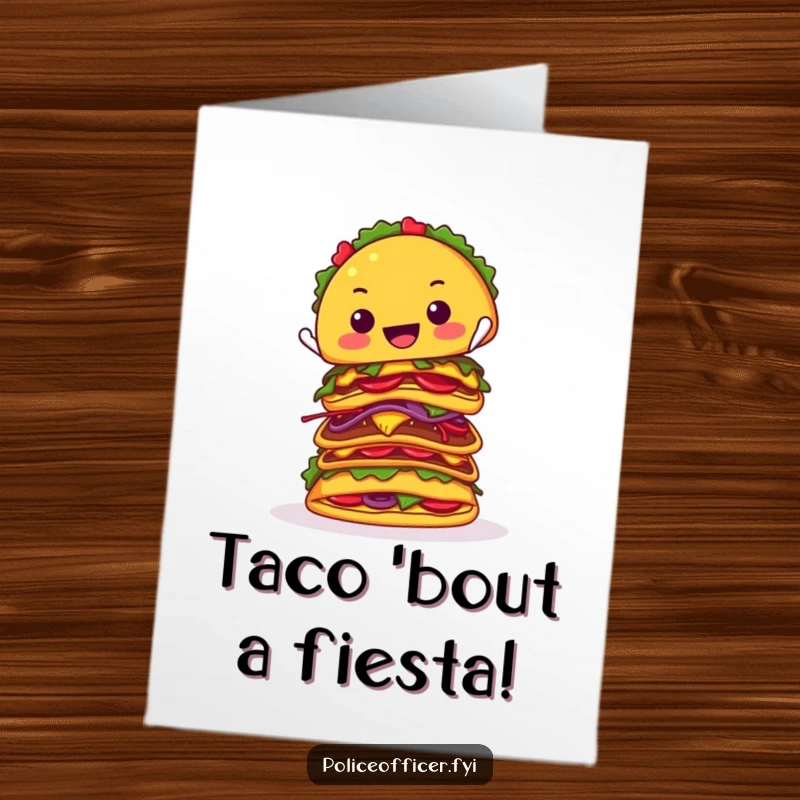 Funny Free Printable Birthday Card: Cheerful taco precariously balancing a tower of tacos, ready to party with downloadable fun.