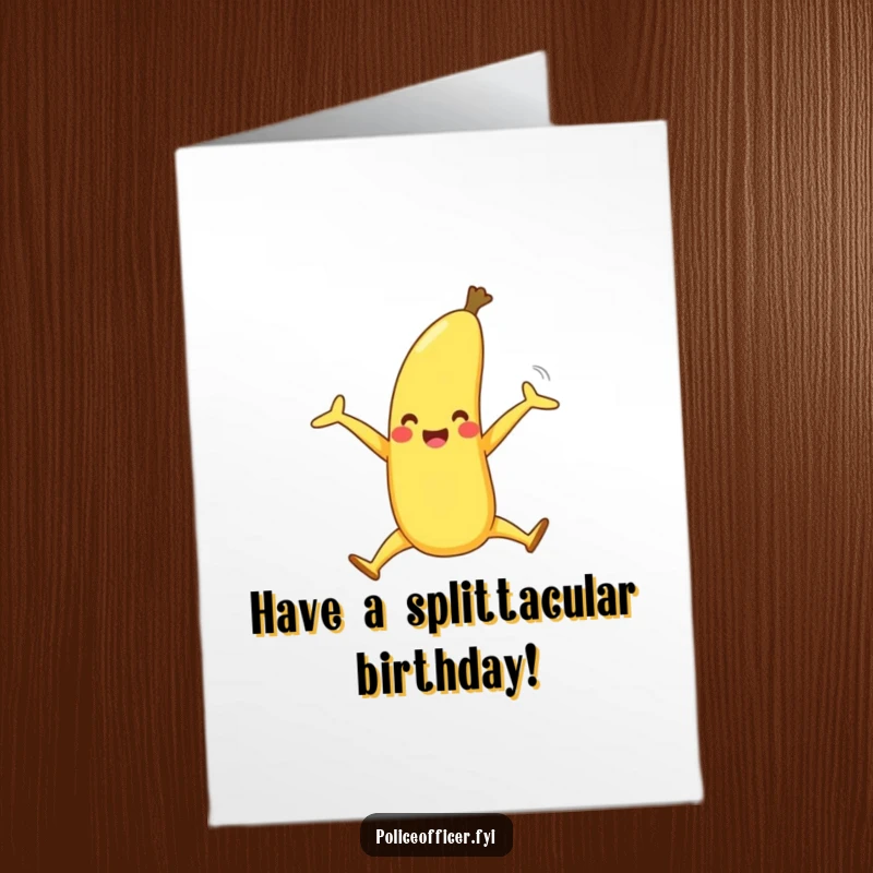 Funny Free Printable Birthday Card: A happy banana with legs doing a joyous banana split, a downloadable birthday wish.