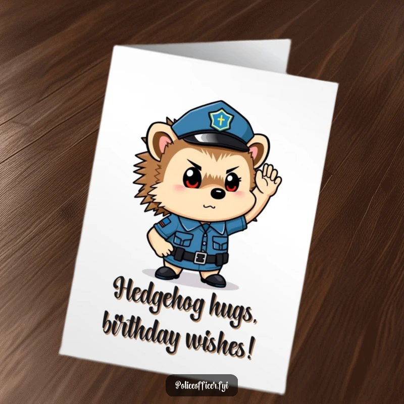 Funny Free Printable Birthday Card: Tiny hedgehog police officer saluting with a determined expression, ready to celebrate.