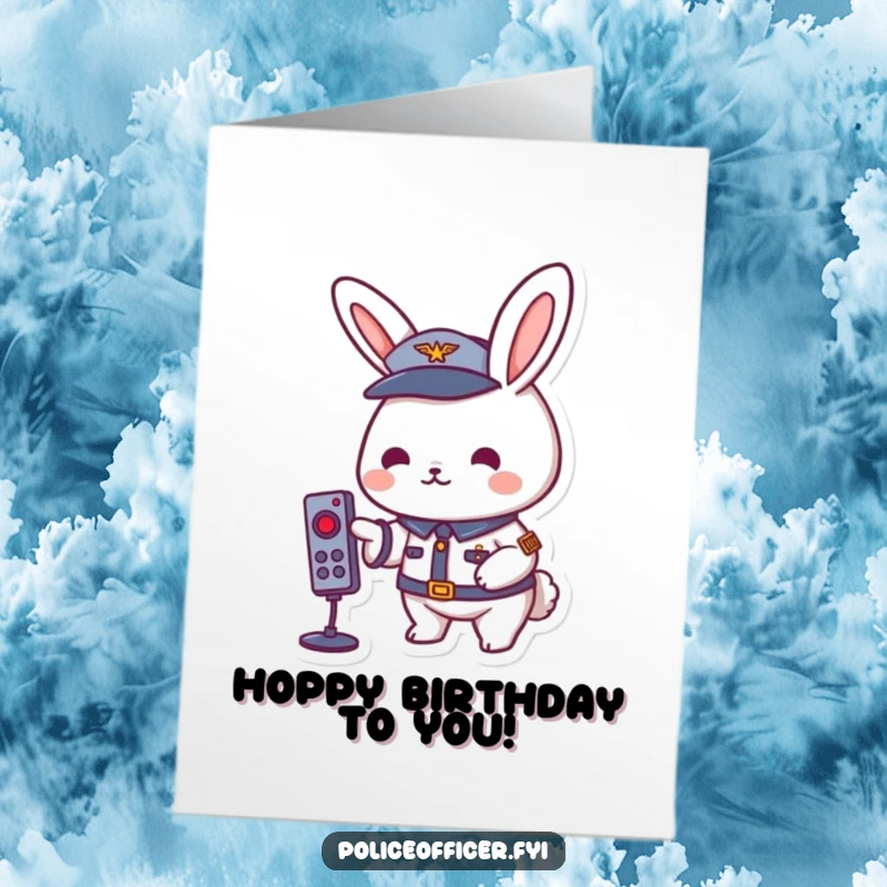 Funny Free Printable Birthday Card: Playful rabbit in uniform pressing remote button, ready to unleash birthday fun. Instant download!