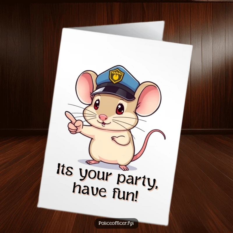 Funny Free Printable Birthday Card: A small mouse in a police hat, pointing determinedly, makes a hilariously official birthday wish, great for DIY.