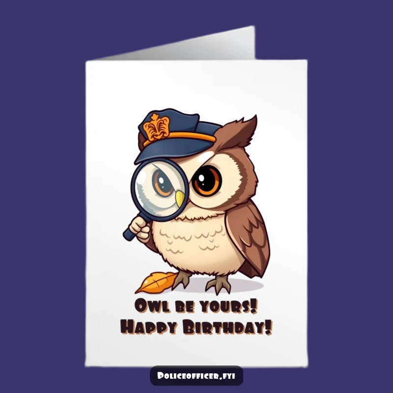 Free Printable Birthday Card: Owl Cop Investigates Leaf Funny Downloadable Greeting