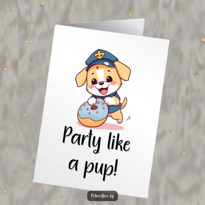 Funny Free Printable Birthday Card: A happy puppy in a police uniform joyfully chases a rolling donut, celebrating with gusto.