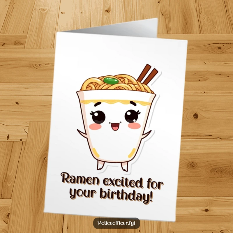 Funny Free Printable Birthday Card: Cheerful Ramen Cup Dancing with Excitement