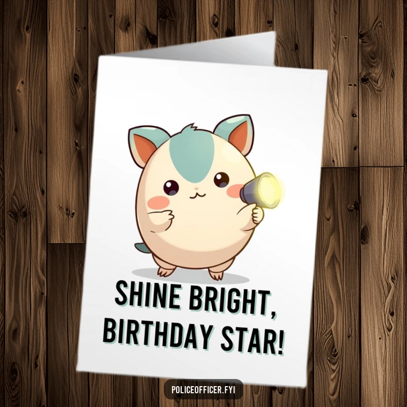 Funny Free Printable Birthday Card: Small round creature with alert ears points a flashlight, celebrating a birthday.