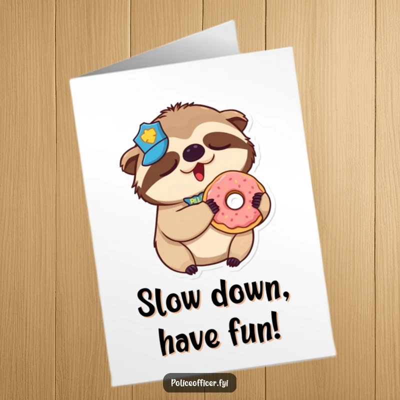 Funny Free Printable Birthday Card: Sleepy sloth in tiny police badge yawns, holding a donut, looking very relaxed.