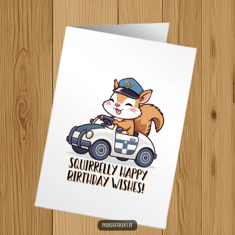 Funny Free Printable Squirrel Policeman Birthday Card: A giggling squirrel in a police hat speeds in a toy car, wishing happy birthday.