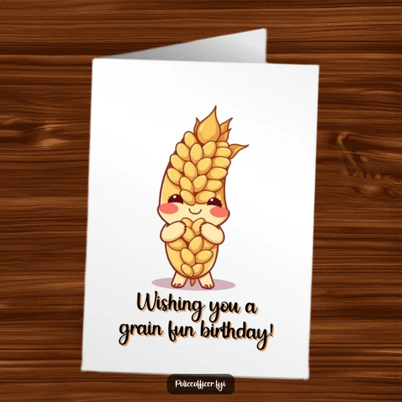 Charming Free Printable Birthday Card: A happy ear of wheat bowing politely with a genuinely warm and inviting smile.