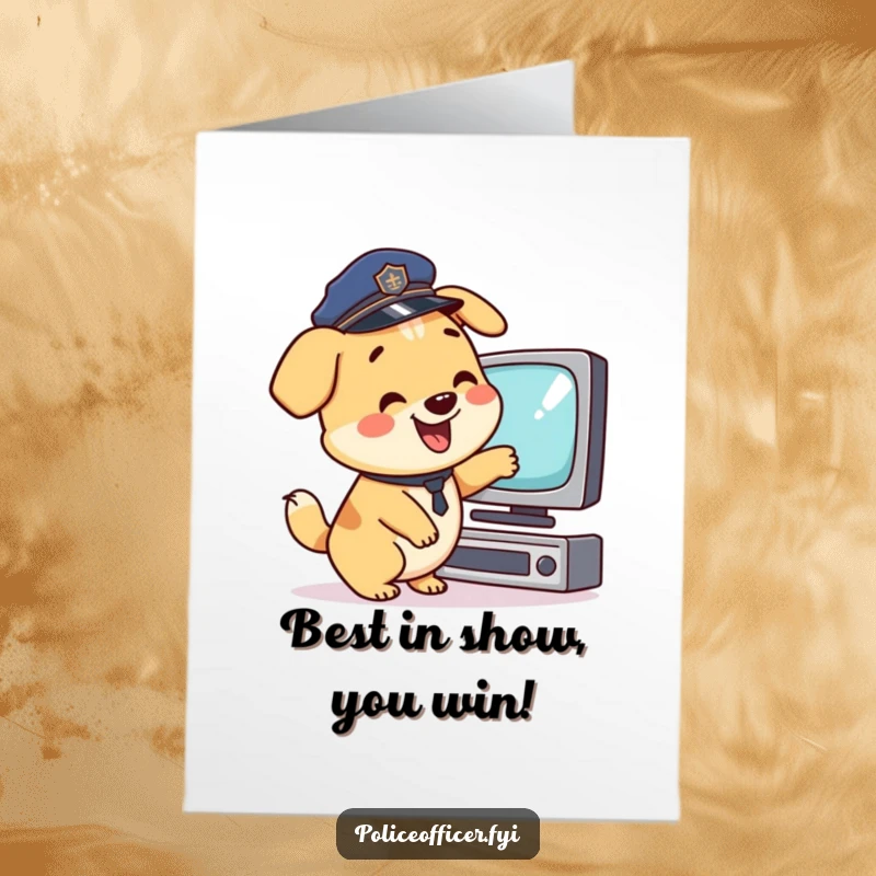 Funny Free Printable Congratulations Card: A happy police dog wagging its tail, pointing at a TV to celebrate.