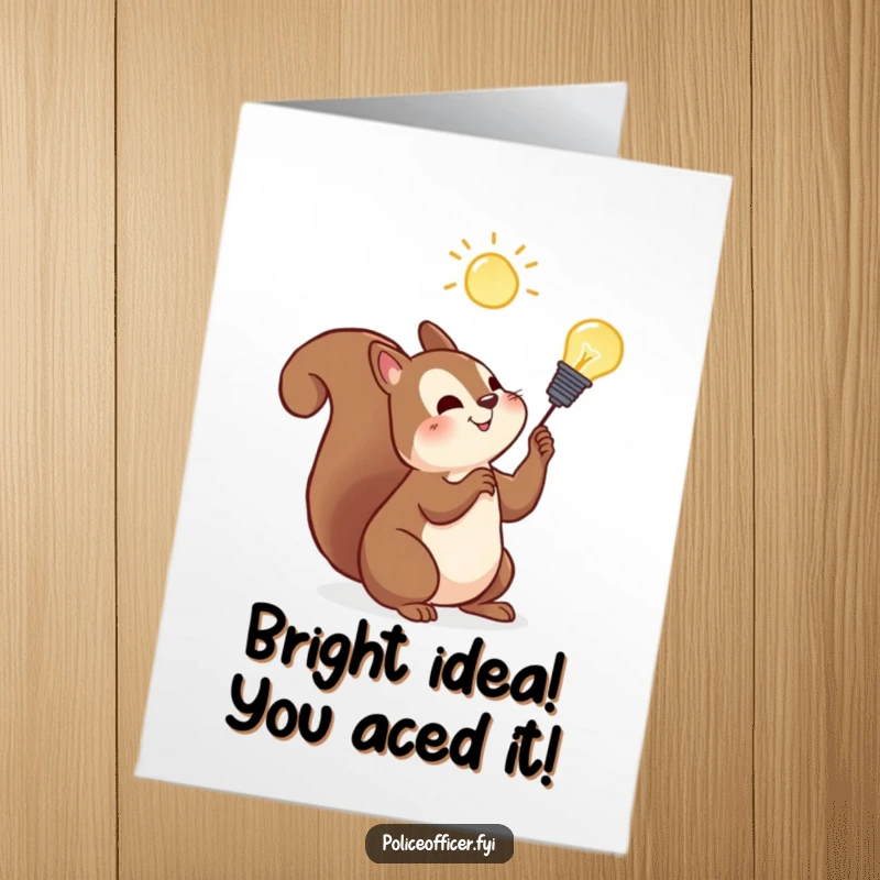 Funny Free Printable Congratulations Card: Cheerful squirrel observing a glowing lightbulb, celebrating a brilliant accomplishment.
