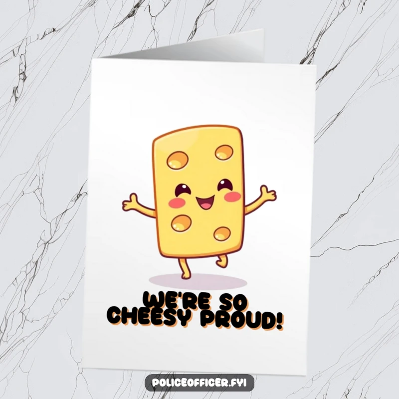 Funny Free Printable Congratulations Card: A smiling slice of cheese doing a joyful hop, a downloadable announcement of success.
