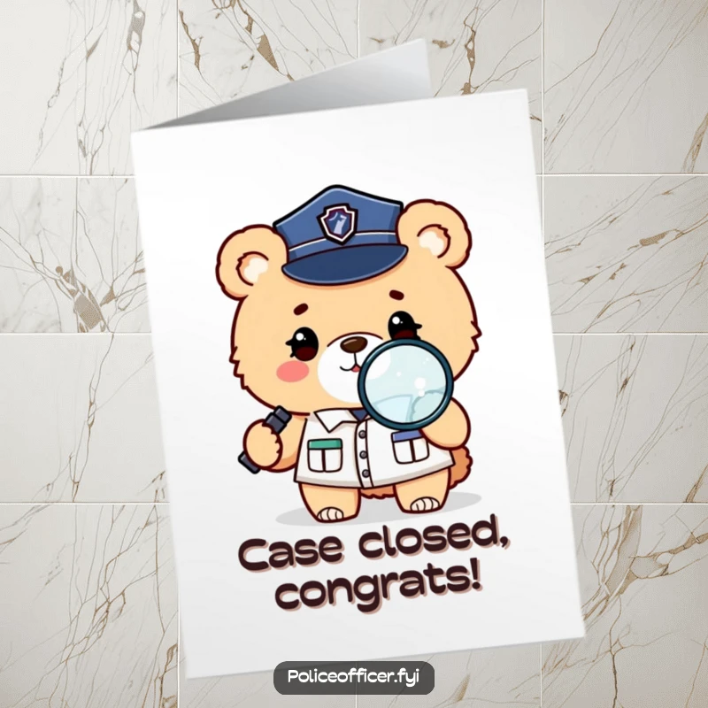 Funny Free Printable Congratulations Card: A fluffy bear police officer winks holding a magnifying glass, celebrating the successful closing of a case.