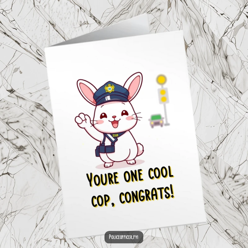 Funny Free Printable Congratulations Card: A cheerful bunny police officer in a tiny hat triumphantly waves, celebrating success.