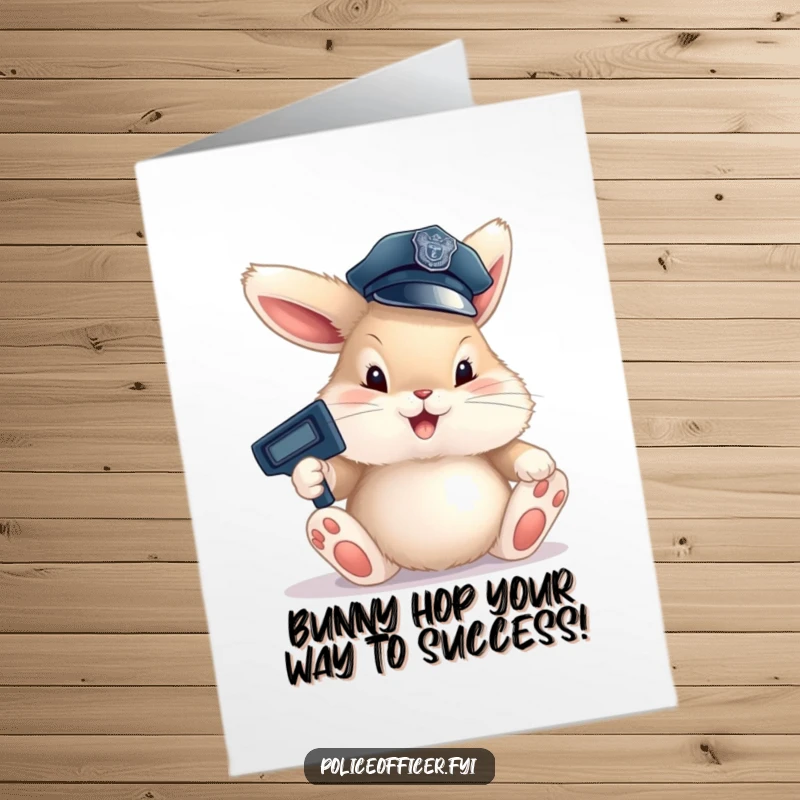 Funny Free Printable Congratulations Card with a fluffy bunny police officer in a small hat, directing traffic with large paws, celebrating success.