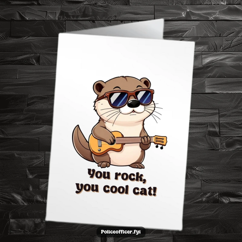 Funny Free Printable Congratulations Card: A cool otter in shades smirks confidently while playing a tiny instrument.