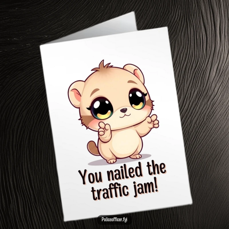 Funny Free Printable Congratulations Card: Energetic creature with large eyes humorously directing traffic, celebrating success.