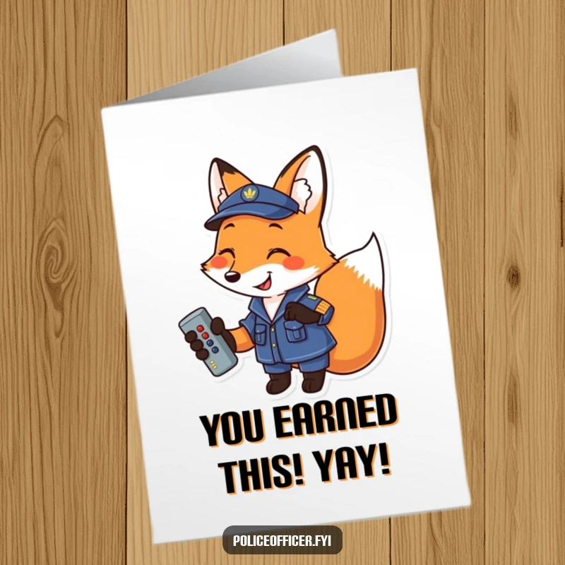 Funny Free Printable Congratulations Card: Fox in uniform proudly holding a remote, celebrating your success.